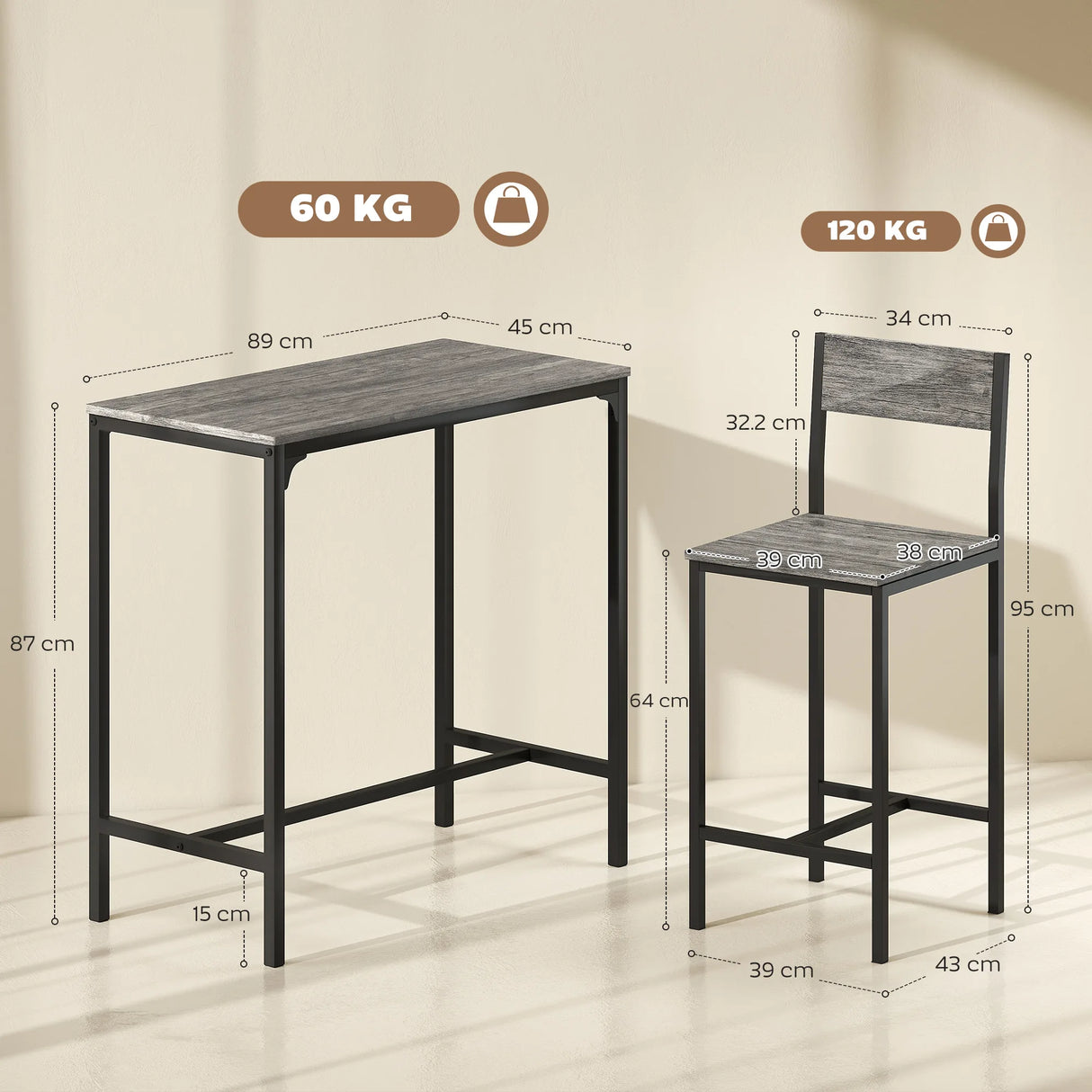 HOMCOM 3-Piece Bar Table Set with 2 Stools, Industrial Breakfast Bar Set with Footrest, Backrest for Dining Room, Small Space