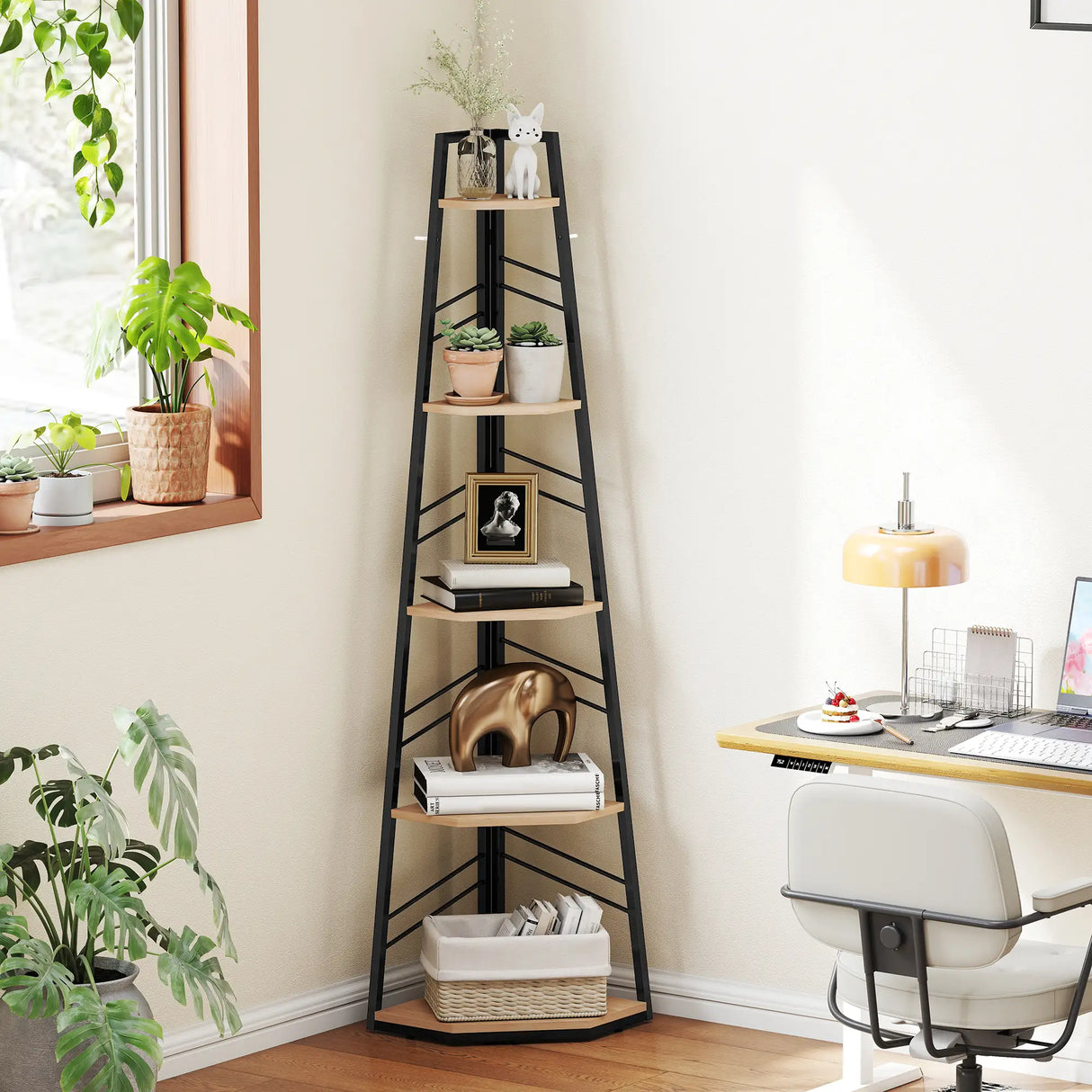 HOMCOM Corner Bookcase, 5-Tier Floor Standing Bookshelf, Shelving Unit for Living Room, Study, Bedroom, Natural Wood Finish