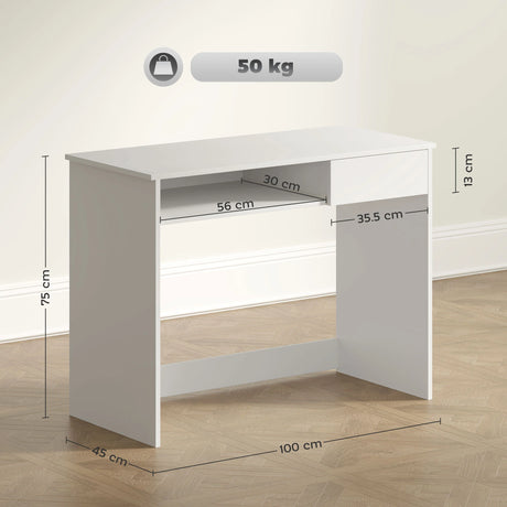 HOMCOM 100cm Compact Computer Desk with Keyboard Tray, Home Office Desk with Drawer for Bedroom Study, White