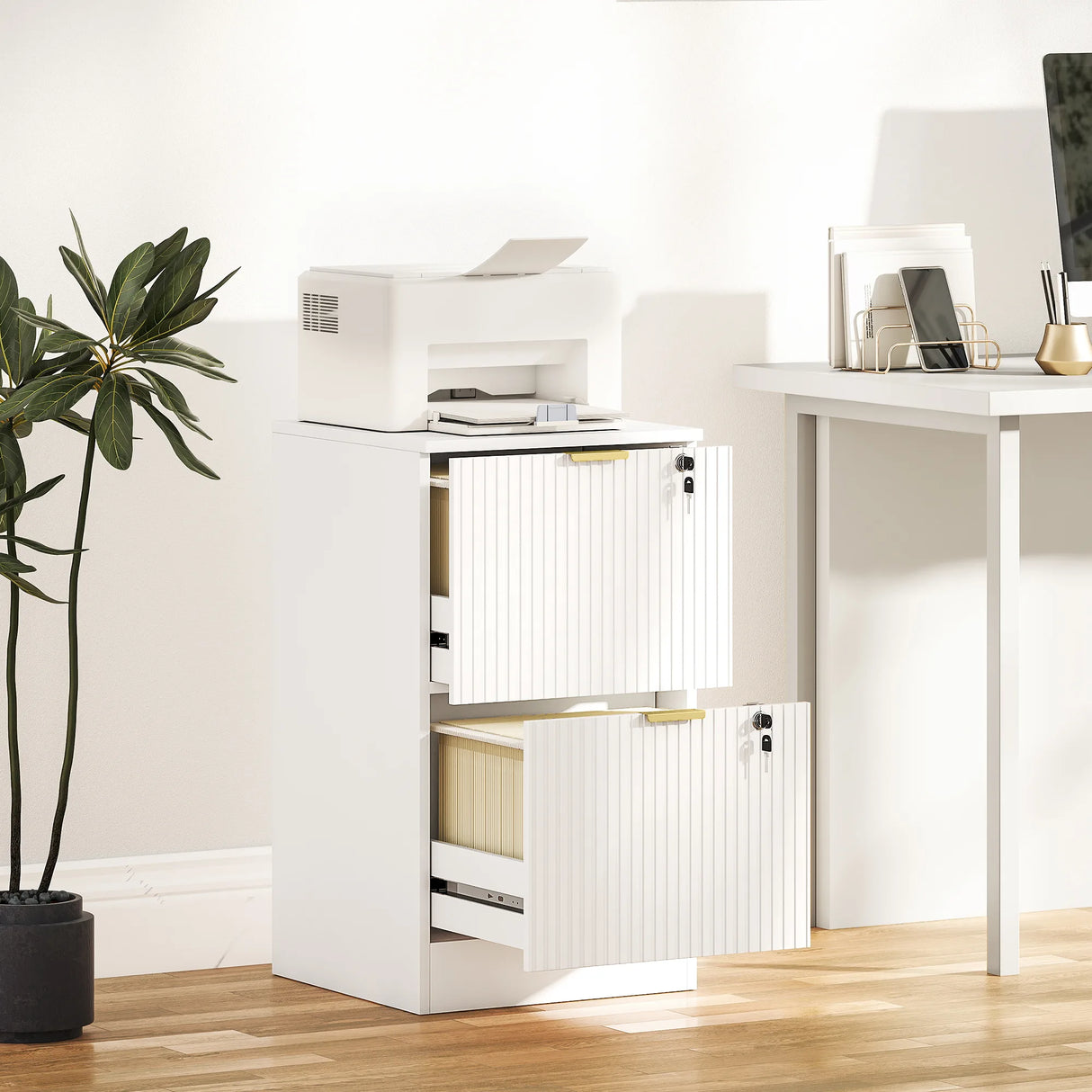 HOMCOM Filing Cabinet, Fluted Vertical File Cabinet with 2 Lockable Drawers and Hanging Rails, White