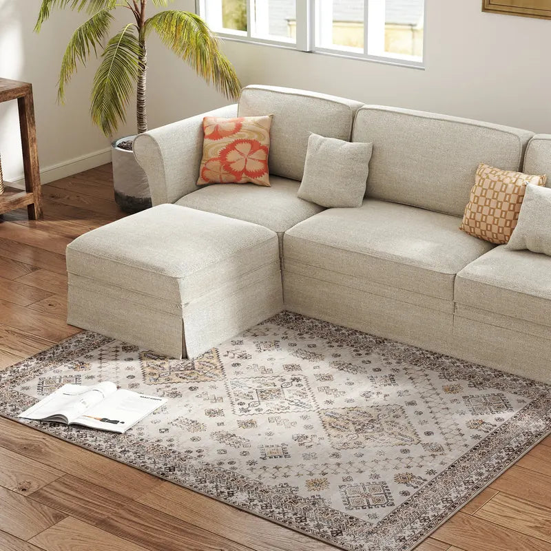 HOMCOM Vintage Area Rug, Non-Slip Washable Rug, Flannel Floor Carpet for Living Room, Bedroom, Dining Room, Home Office, 170 x 120 cm, Beige