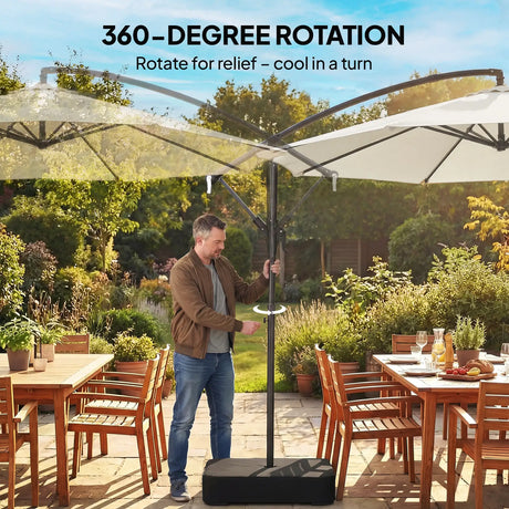 Outsunny 3 m Garden Cantilever Parasol with Cross Base, Sandbag, 360 Rotating Overhanging Banana Umbrella, Cream White