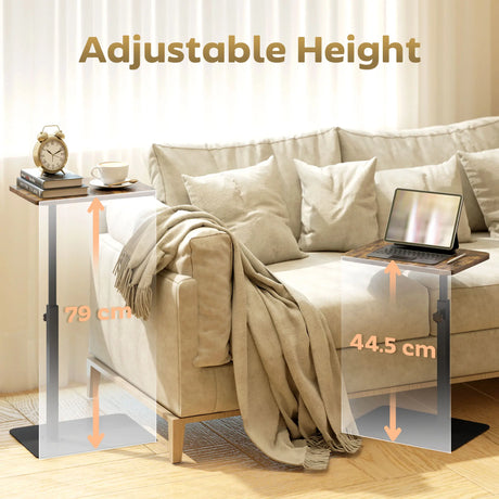 HOMCOM C Shaped Side Table, Small End Table with Adjustable Height and Metal Base for Living Room, Bedroom, Rustic Brown