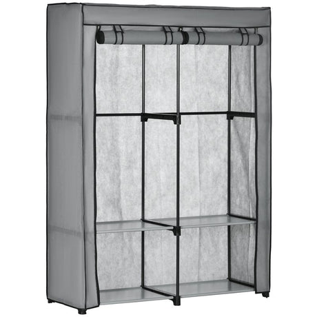 HOMCOM Steel Frame Fabric Wardrobe, with Rail and Shelves - Light Grey