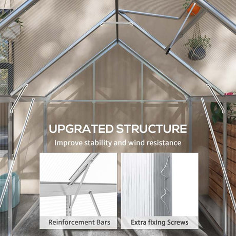 Outsunny 6 x 6ft Walk-In Greenhouse, Polycarbonate Greenhouse with Sliding Door, Window, Aluminium Frame, Foundation, Silver