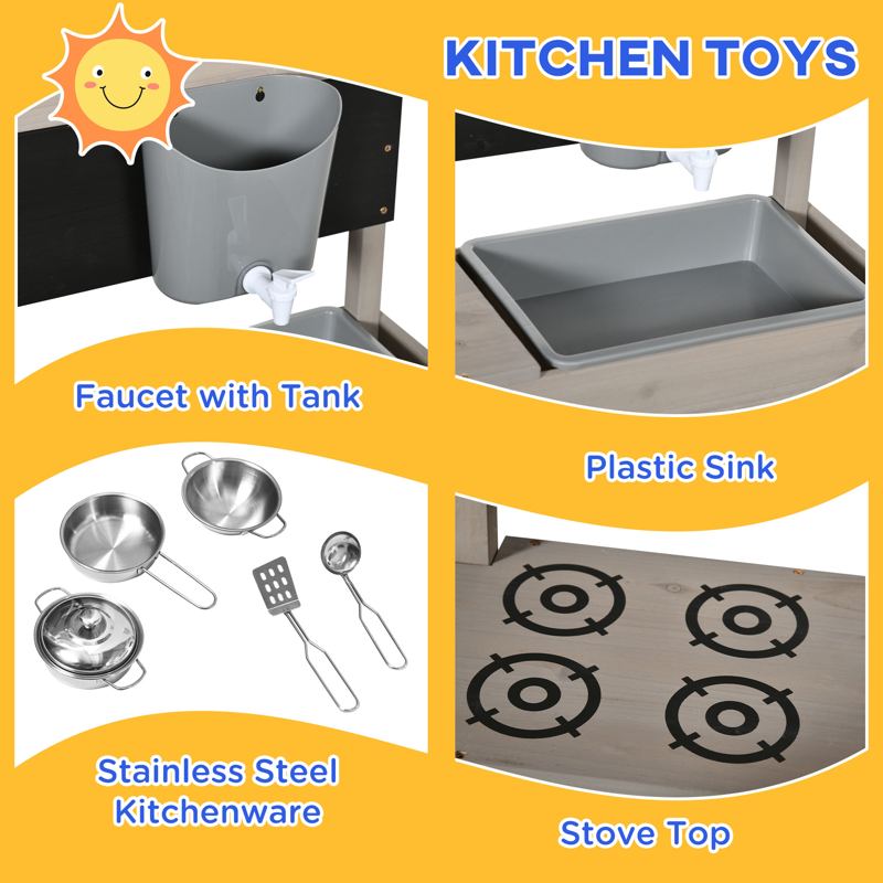 Outsunny Kids Wooden Sandbox w/ Canopy, Kitchen Toys, Seat, Storage, for Ages 3-7 Years