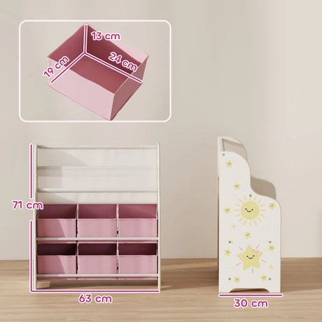 AIYAPLAY Kids Storage Unit, Toy Organiser with 6 Fabric Drawers and 2-Tier Sling Book Rack for Bedroom, Playroom, Nursery, Pink