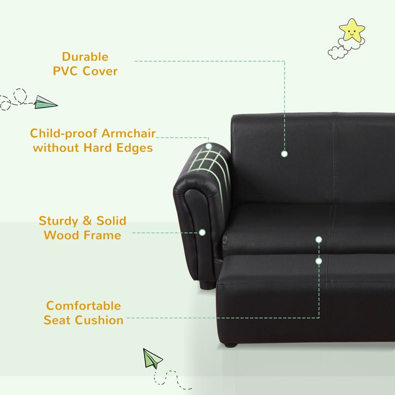 HOMCOM Kids Sofa Bed Kids Twin Sofa Toddler Chair 2 Seater Kids Twin Sofa Chair Boys Girls Couch w/ Footstool (Black)