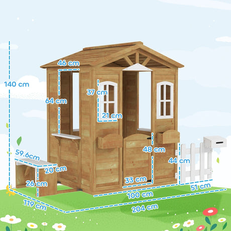 Outsunny Wooden Playhouse for Kids with Door, Windows, Mailbox, Flower Pot Holder, Serving Station, Bench for Children, Yellow