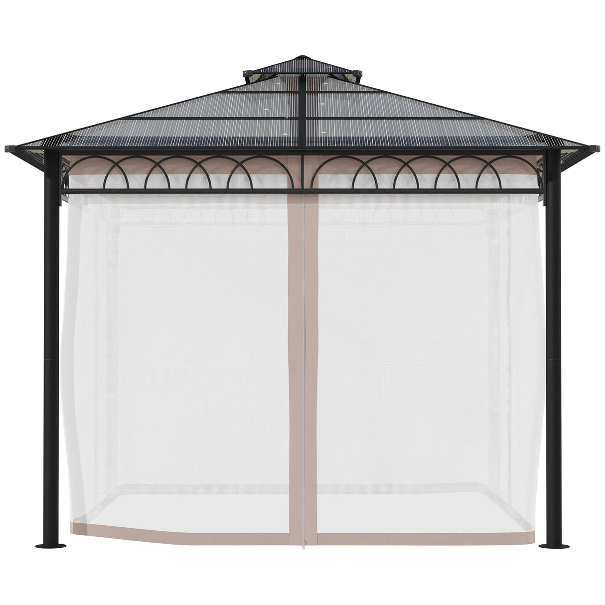 Outsunny 3 x 3 (m) Outdoor Polycarbonate Gazebo, Double Roof Hard Top Gazebo with Galvanised Steel Frame, Nettings & Curtains for Garden, Lawn, Patio and Deck, Khaki