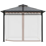 Outsunny 3 x 3 (m) Outdoor Polycarbonate Gazebo, Double Roof Hard Top Gazebo with Galvanised Steel Frame, Nettings & Curtains for Garden, Lawn, Patio and Deck, Khaki
