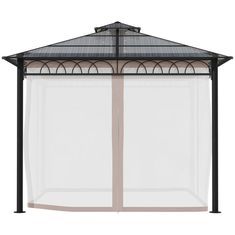 Outsunny 3 x 3 (m) Outdoor Polycarbonate Gazebo, Double Roof Hard Top Gazebo with Galvanised Steel Frame, Nettings & Curtains for Garden, Lawn, Patio and Deck, Khaki
