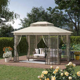 Outsunny 3.7 x 3(m) Patio Gazebo Canopy Garden Tent Shelter with 2 Tiers Roof and Mosquito Netting, Metal Frame, Beige