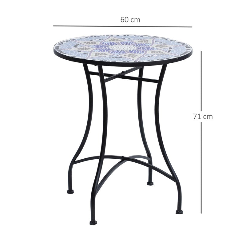 Outsunny Outdoor Mosaic Round Garden Table, Patio Bistro Coffee Side Table with 60cm Ceramic Top for Garden, Blue and White