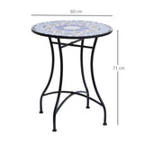 Outsunny Outdoor Mosaic Round Garden Table, Patio Bistro Coffee Side Table with 60cm Ceramic Top for Garden, Blue and White