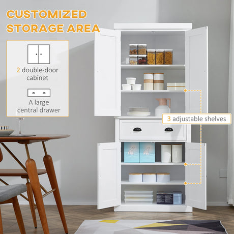 HOMCOM Freestanding Kitchen Cupboard, 184cm Tall Storage Cabinet with Doors and Shelves, Traditional Colonial 4-Door Kitchen Pantry Cupboard with Drawer, White