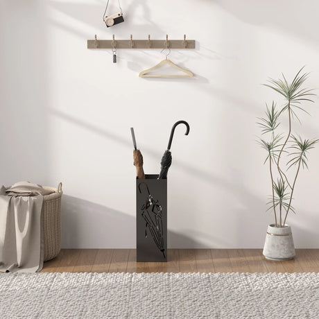 HOMCOM Metal Umbrella Stand, Square Umbrella Holder with 4 Hooks and Removable Drip Tray, Decorative Umbrella Storage Rack for Entryway, Hallway, 15.5 x 15.5 x 41 cm, Black