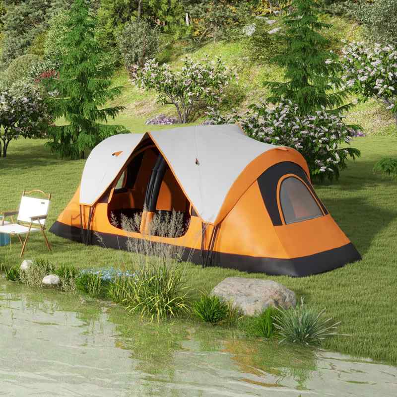 Outsunny Six-Man Tent, with Two Rooms, Small Rainfly and Accessories - Orange