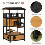 PawHut Wooden Outdoor Cat House, 3-Tier Cat Shelter with Tilted Roof, Terrace, Jump Step, Bottom Tray and Elevated Base, Waterproof Paint, Yellow