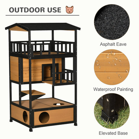 PawHut Wooden Outdoor Cat House, 3-Tier Cat Shelter with Tilted Roof, Terrace, Jump Step, Bottom Tray and Elevated Base, Waterproof Paint, Yellow