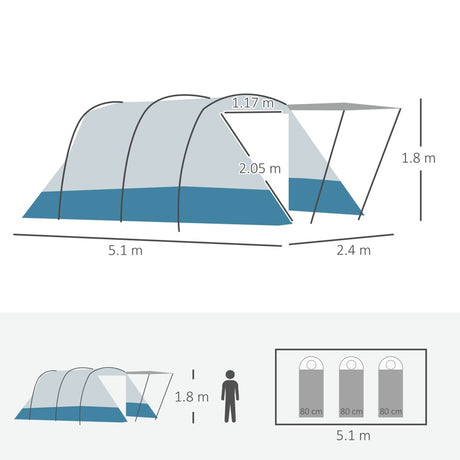 Outsunny 6-8 Person Tunnel Tent, Camping Tent with Bedroom, Living Room, Sewn-in Floor, 3 Doors and Carry Bag, 2000mm Water Column for Fishing, Hiking, Sports, and Traveling, Blue