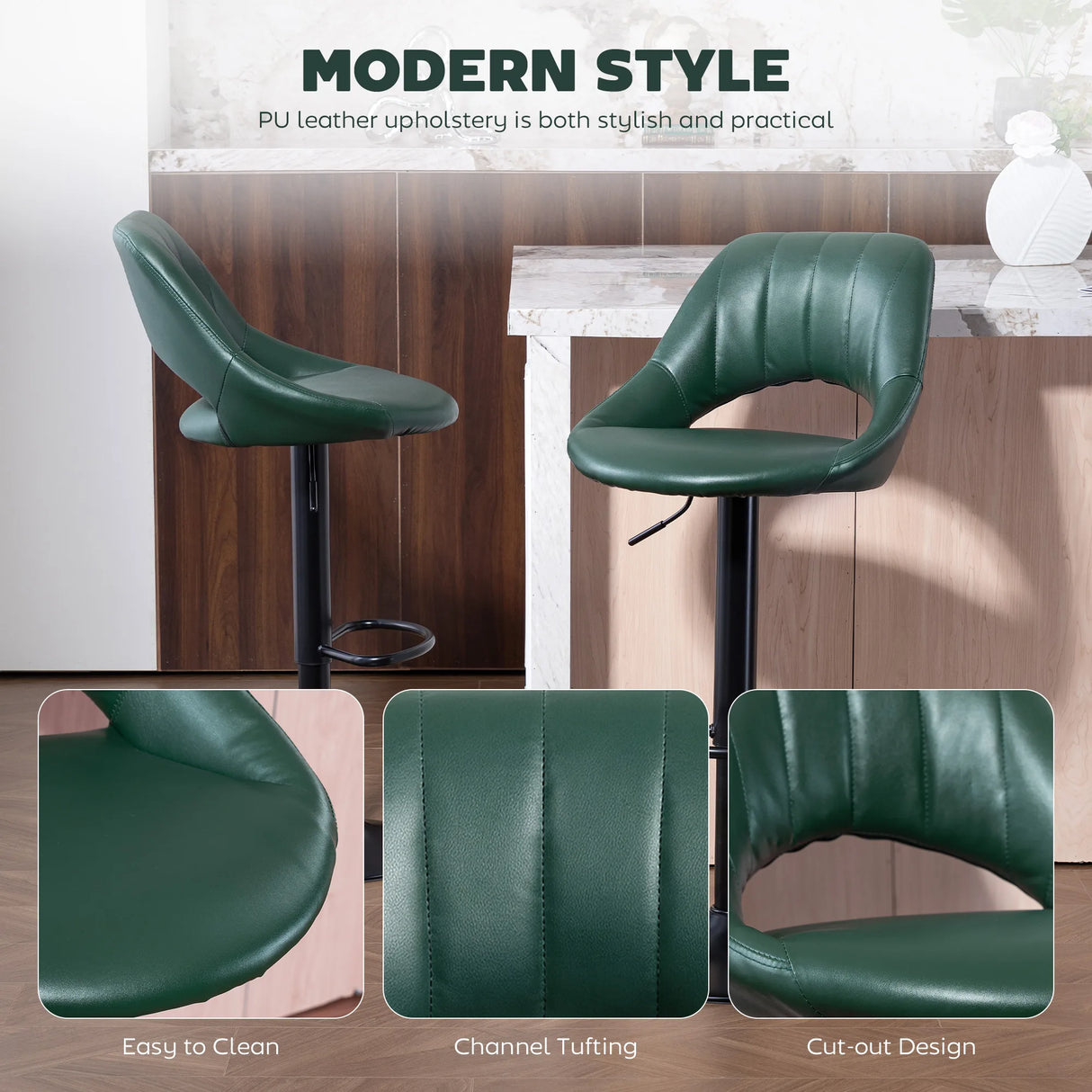 HOMCOM Set of Two Faux Leather Bar Stools - Dark Green