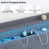HOMCOM Floating Bed Frame, Upholstered 5ft King Size Bed, Platform Bed with RGB LED Lights and Charging Station, Grey