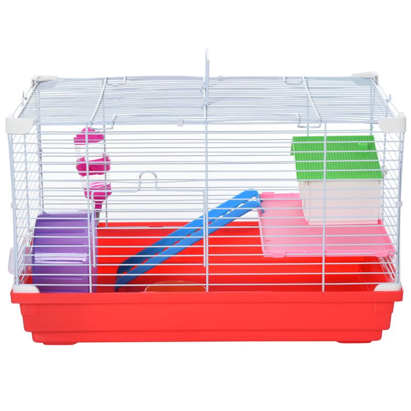 PawHut Hamster Cage, Small Gerbil Cage 2 Tiers Portable w/ Handle, Exercise Wheel, Water Bottle, Dishes