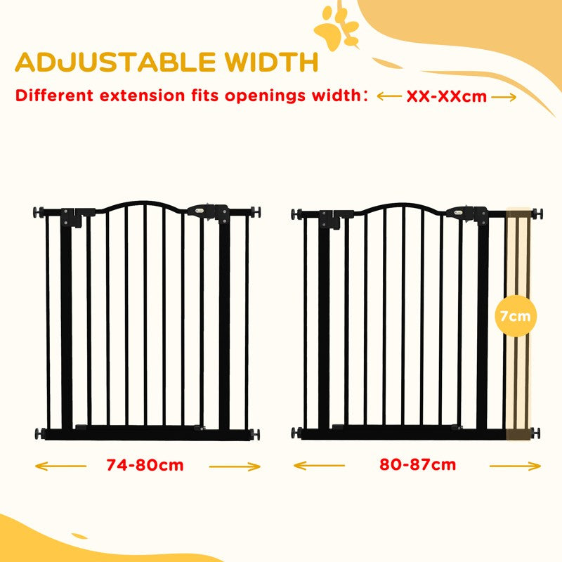 PawHut Metal 74-87cm Adjustable Pet Gate Safety Barrier w/ Auto-Close Door Black