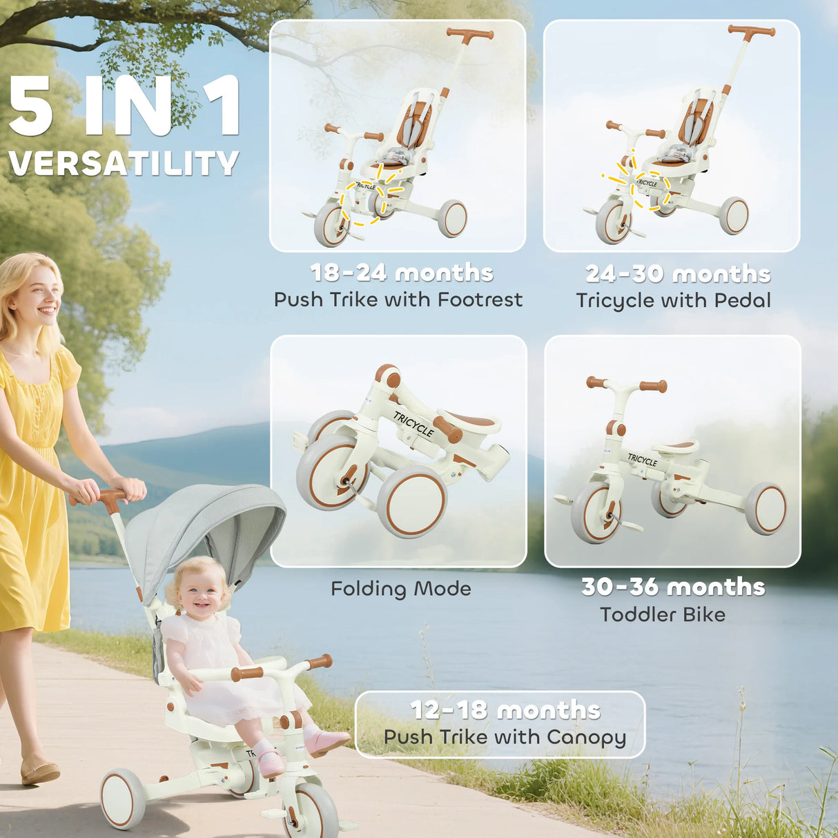 AIYAPLAY 5 in 1 Kids Trike with Adjustable Backrest, Toddler Tricycle with Push Handlebar, Adjustable Backrest, Cream White