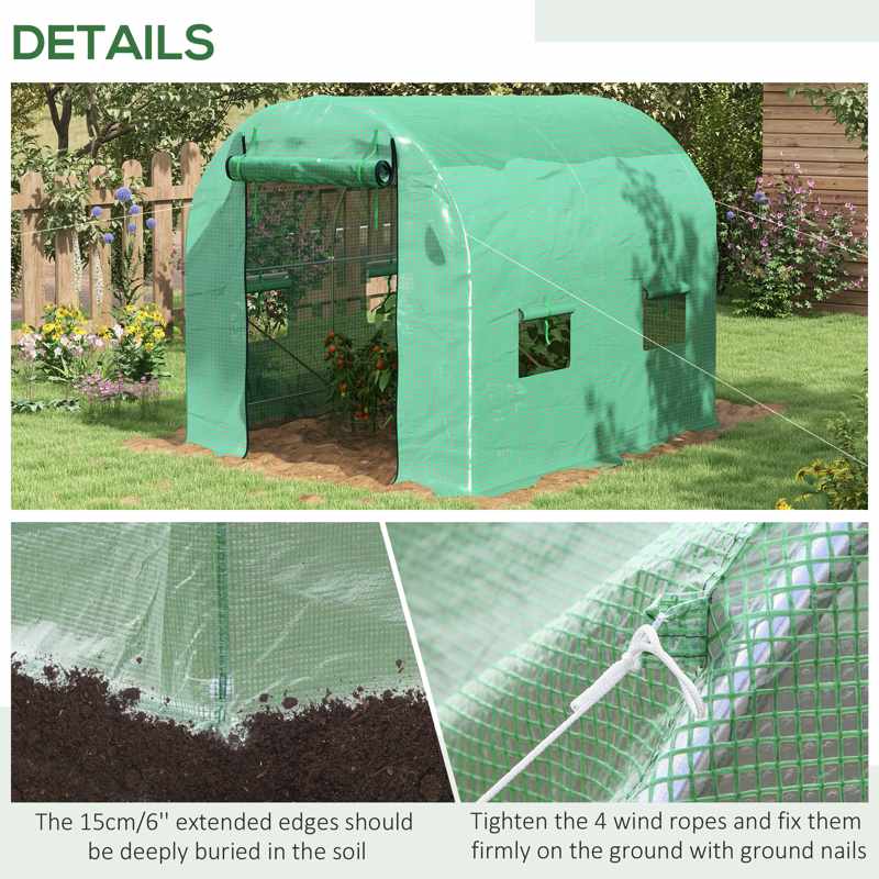 Outsunny Walk-In Garden Polytunnel Greenhouse with Steel Frame, PE Cover, Roll-Up Door and 4 Windows, 2.5 x 2m, Green