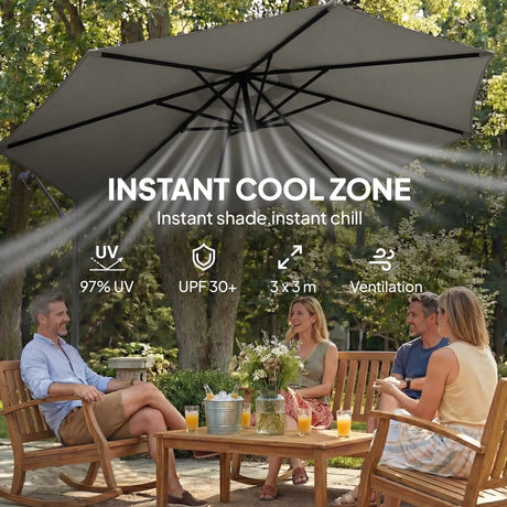 Outsunny 3 m Garden Cantilever Parasol with Cross Base, Sandbag, 360 Rotating Overhanging Banana Umbrella, Grey
