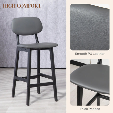 HOMCOM Bar Stools Set of 2, Breakfast Bar Chairs, PU Leather Upholstered Kitchen Stools with Backs, Footrests and Solid Wood Legs, Dark Grey