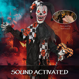 Outsunny 183 cm Life Size Halloween Animated Clown & Skull Staff with Red Light Up Eyes, Sound Activated Moving Arms & Head, Scary Clown Halloween Decorations, Battery Operated, Indoor Party Props