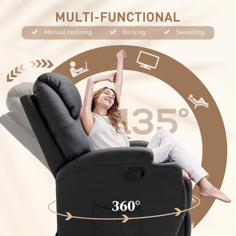 HOMCOM Recliner Chair, Recliner Massage Rocker Chair with 360 Rotate, 165 Reclining Function, Adjustable Footrest, Swivel Armchair Single Sofa for Living Room with Drink Holders, Side Pockets, Black
