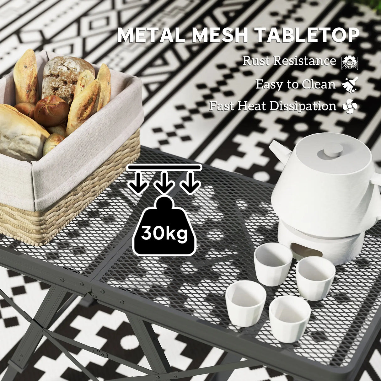 Outsunny 3 ft Folding Camping Table w/ Adjustable Heights, Portable Lightweight Outdoor Folding Picnic Table with Metal Mesh Desktop & Aluminium Legs for Picnic, Garden, Party, Black