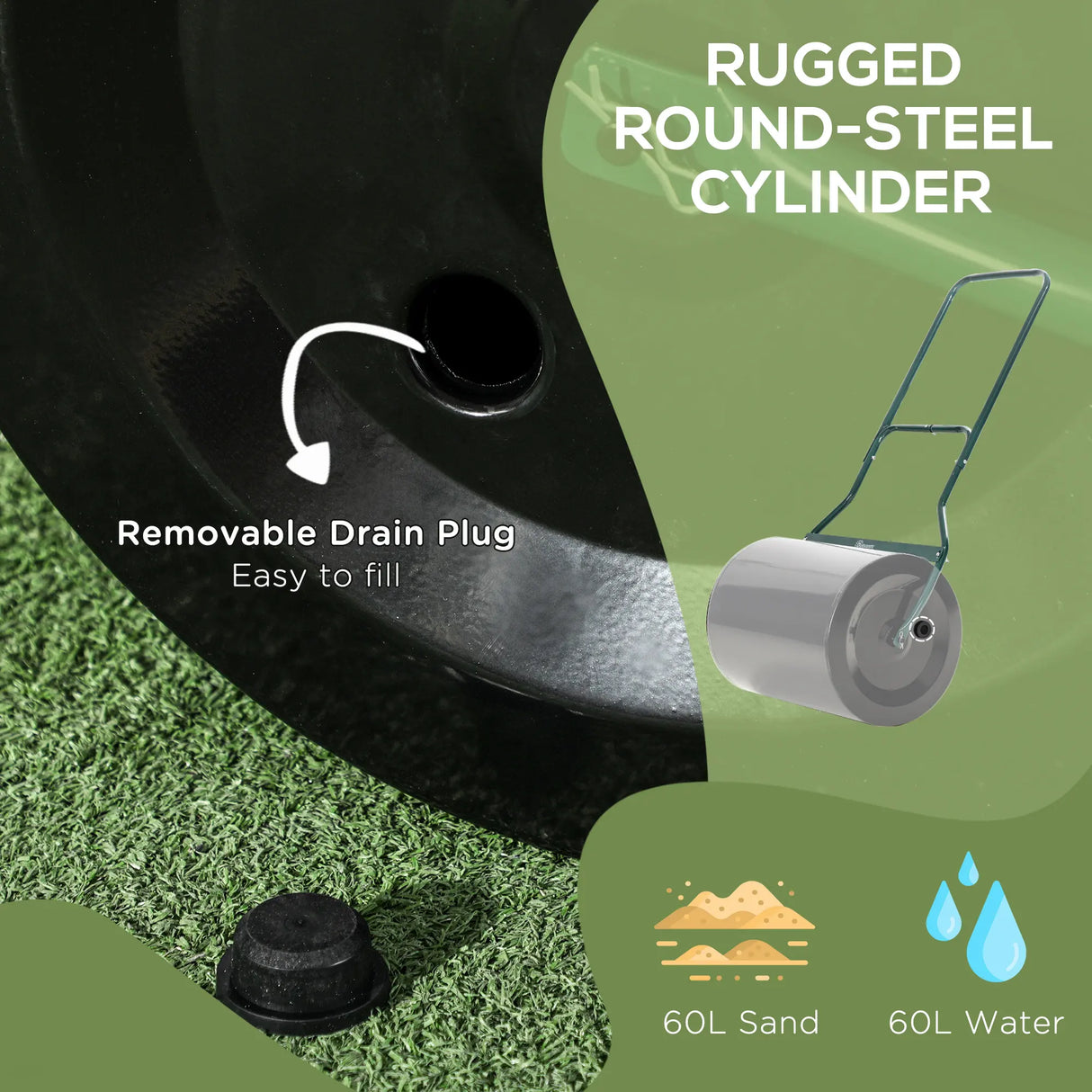 Outsunny 50cm Steel Garden Lawn Roller Push Pull w/ Fillable Cylinder Water Sand Plug Lawn Flatten Seed Sow Rolling Drum w/ Handle