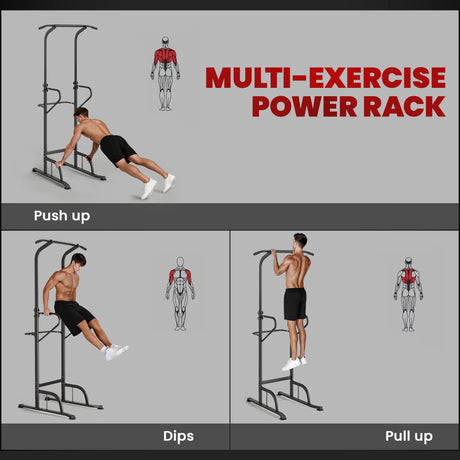 HOMCOM Power Tower Dip Station Pull Up Bar Multi-Function Push Up Equipment with Adjustable Height for Home Gym Strength Training Workout Fitness
