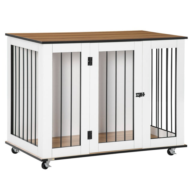 PawHut Dog Crate Furniture, Dog Cage End Table with Wheels, Lockable Door, for Medium Dogs, 106 x 60 x 82 cm - White