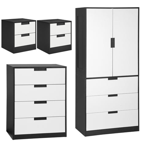 HOMCOM Bedroom Furniture Set, Wardrobe with Hanging Rod, 4 Drawer Chest of Drawers, 2 Bedside Tables with Storage, White and Black