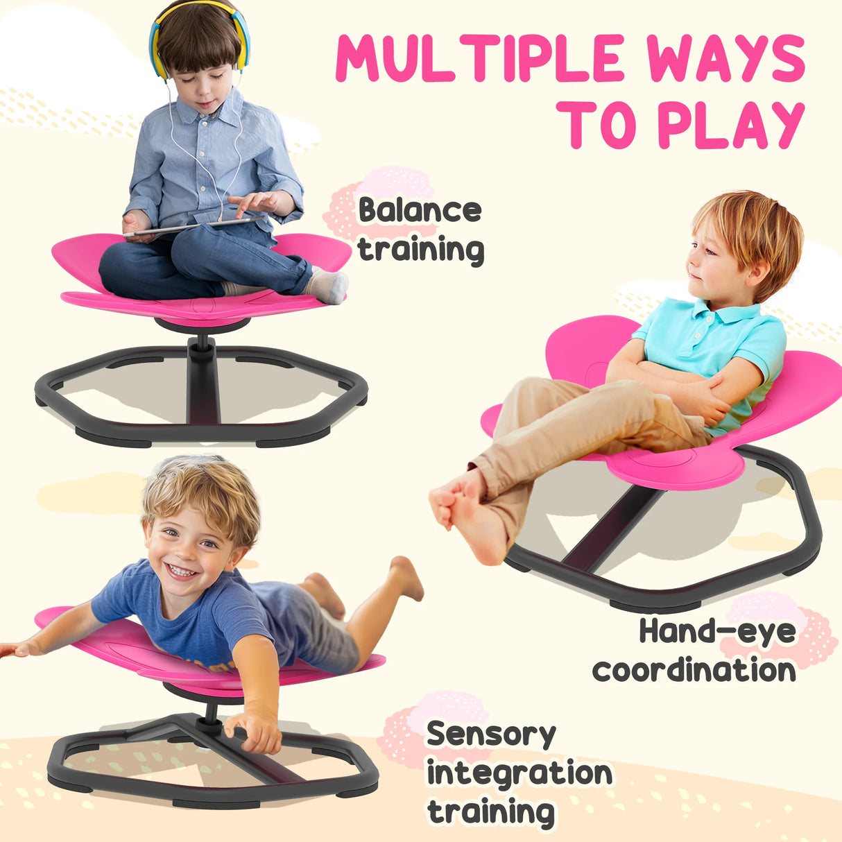 AIYAPLAY Butterfly-Shaped-kids Swivel Chair, Sensory Spinning Chair for Balance, Coordination Training, Pink