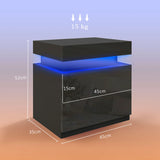 HOMCOM Black Bedside Table with LED Light, High Gloss Front Nightstand with 2 Drawers, for Living Room, Bedroom