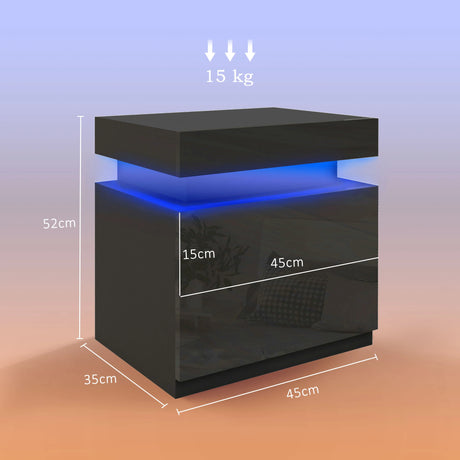 HOMCOM Black Bedside Table with LED Light, High Gloss Front Nightstand with 2 Drawers, for Living Room, Bedroom