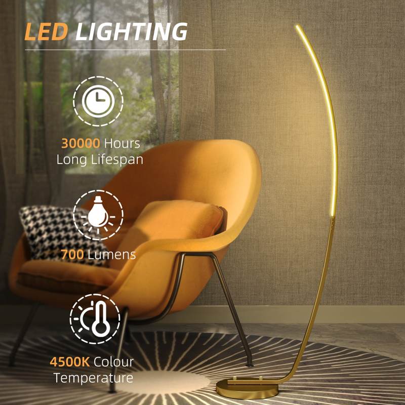 HOMCOM Modern 147cm Curved LED Floor Lamp - Gold Tone