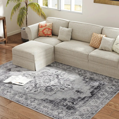 HOMCOM Vintage Area Rug, Non-Slip Washable Rug, Flannel Floor Carpet for Living Room, Bedroom, Dining Room, Home Office, 230 x 160 cm, Grey