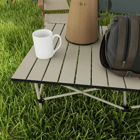 Outsunny Two-Seater Portable Aluminium Table, with Roll-Up Tabletop and Bag - Khaki