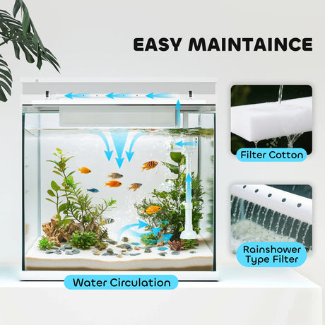 PawHut 26L Glass Fish Tank With Filter System, LED Lights, Water Pump, White