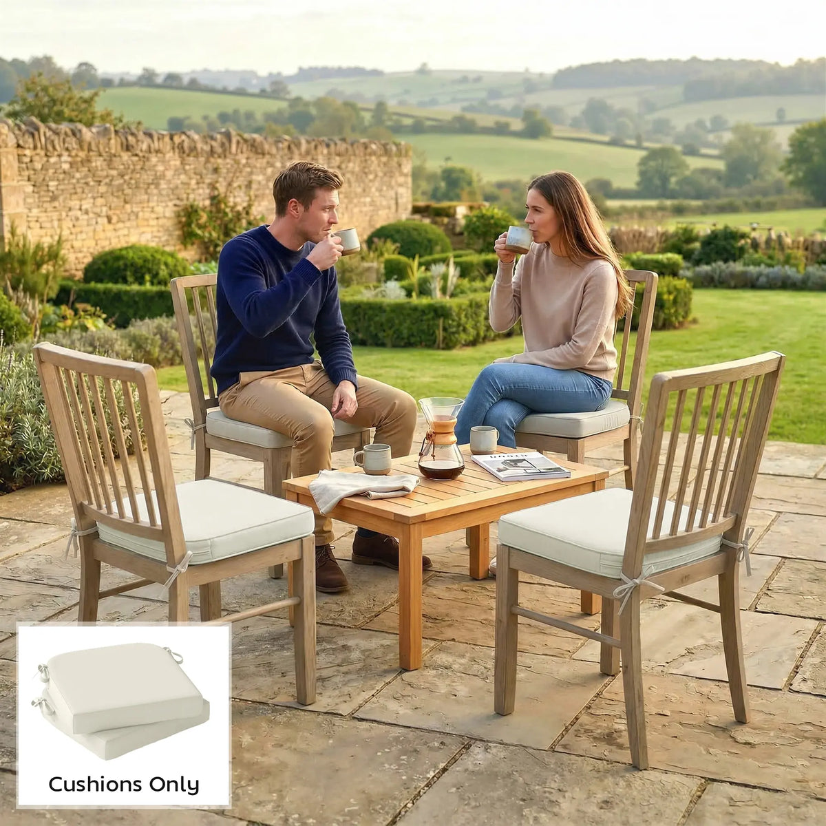 Outsunny Outdoor Chair Seat Cushions Set of 2, Garden Chair Cushions with 7cm Thick Foam & Ties, Cream White