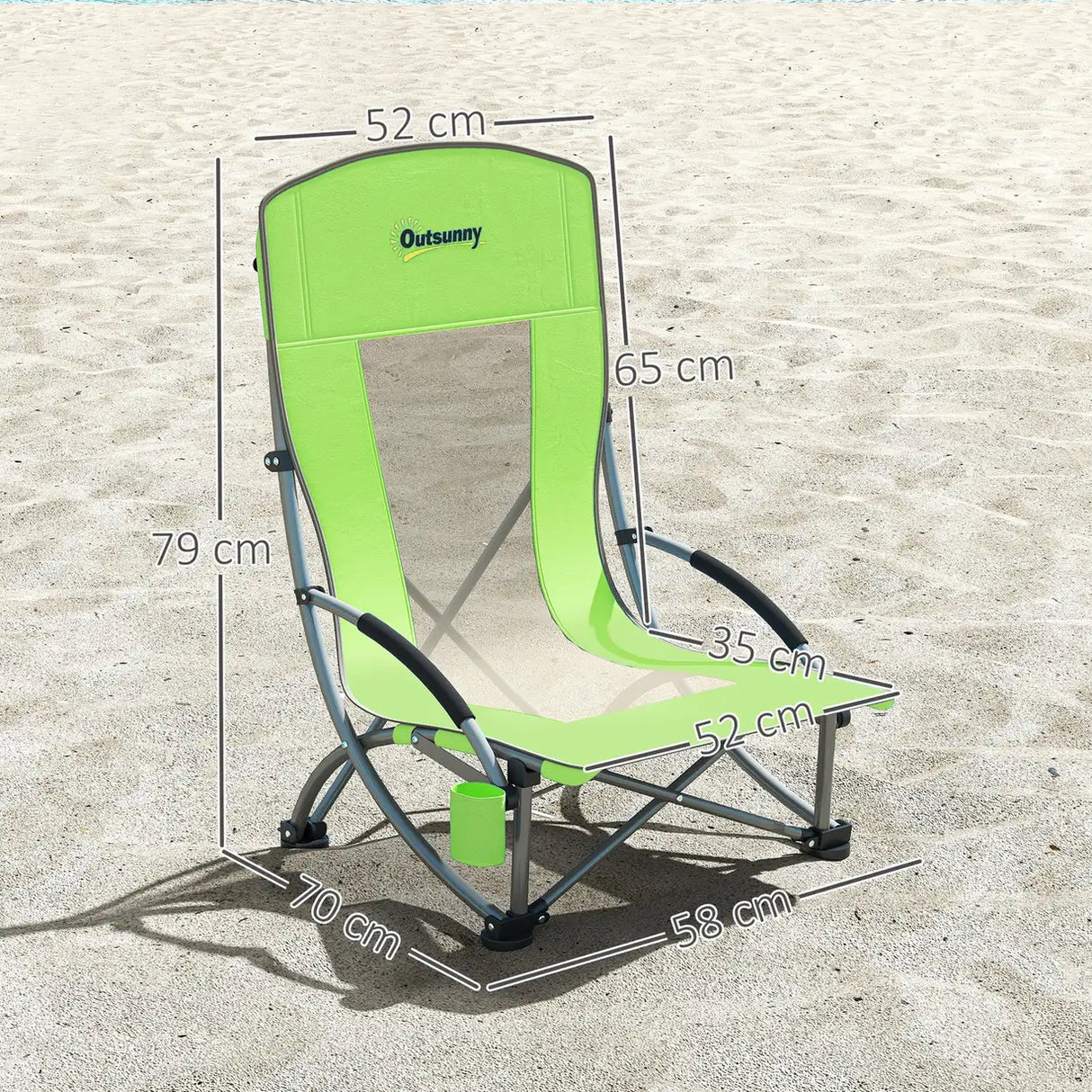 Outsunny Set of 2 Folding Beach Chair, Low Camping Chair with Mesh Back, Carry Bag and Cup Holder for Garden Outdoor Picnic Festival Travel, Green