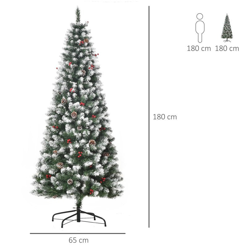 HOMCOM 6FT Artificial Christmas Tree Xmas Pencil Tree with Red Berries and Pinecones Holiday Home Indoor Decoration with Foldable Feet, Green